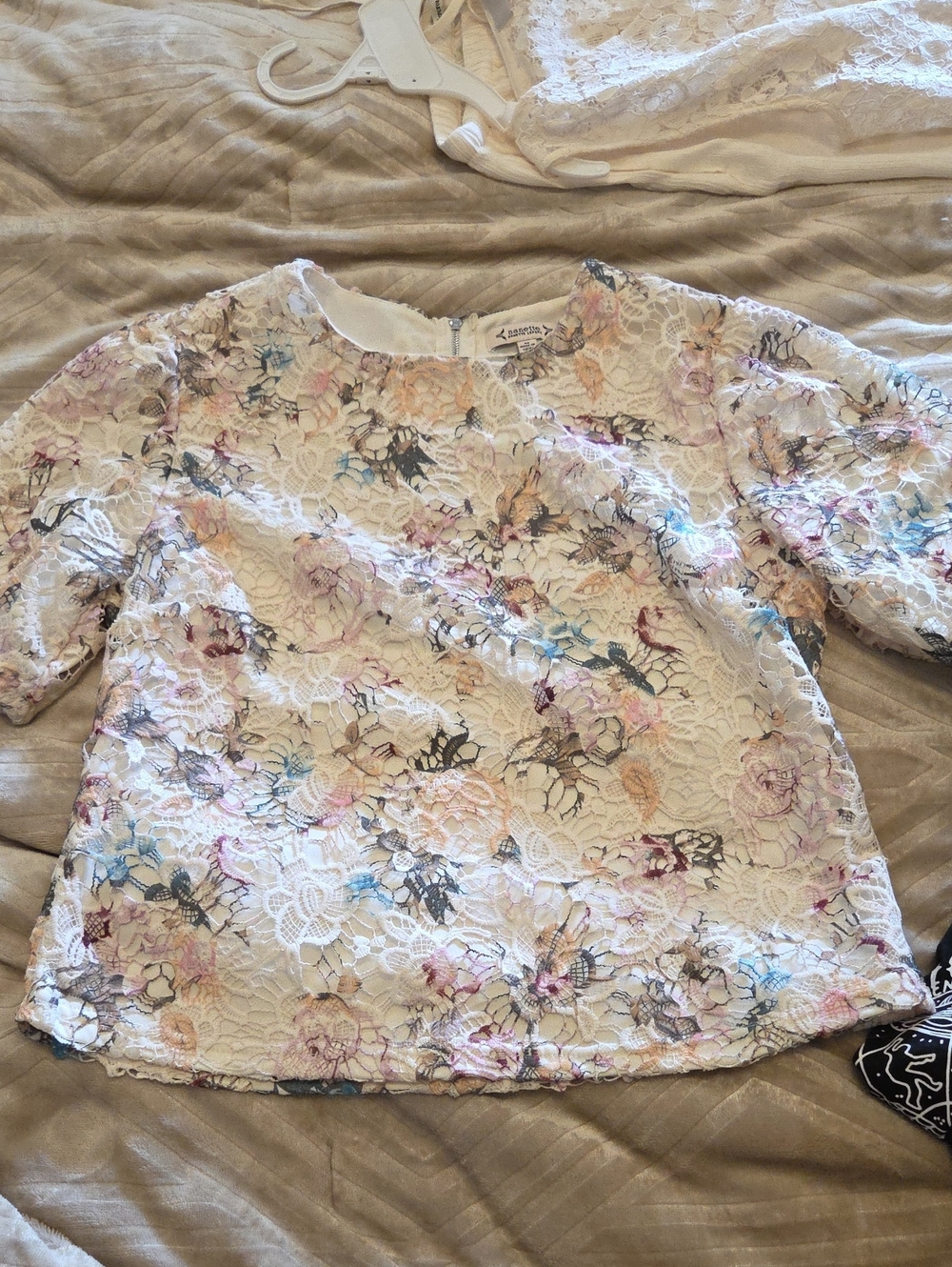 Floral Lace Overlay Blouse - White Multi
